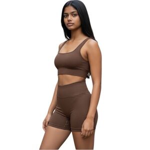 New Gymwear Workout Yoga Brown 2pc Ribbed Sports Bra & High Waisted Shorts Med